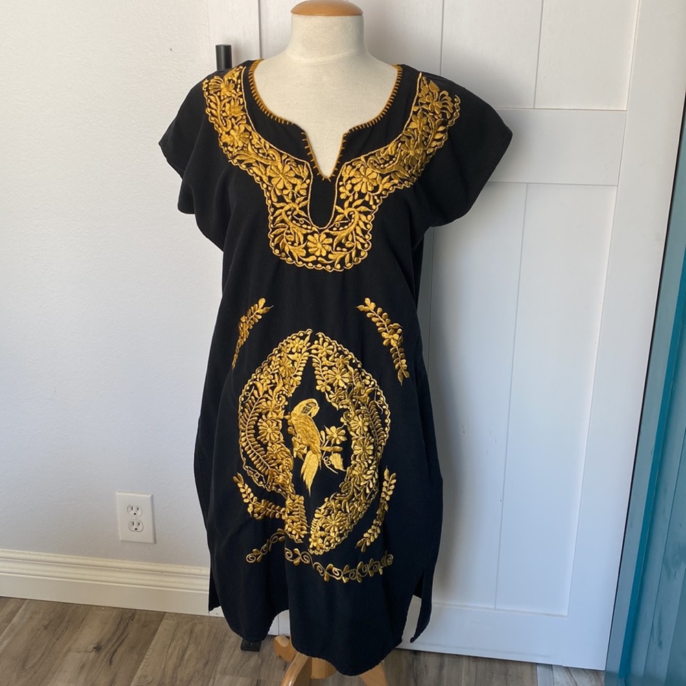 Traditional Mexican Embroidered Dress Black and Gold